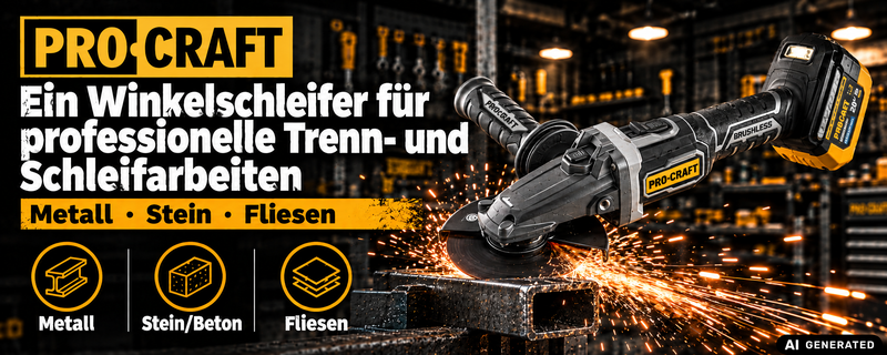 Procraft Industrial AG125Cbb Akku Flachkopf Winkelschleifer 20 V 125 mm Brushless + 1x Akku 4,0 Ah - ohne Ladegerät