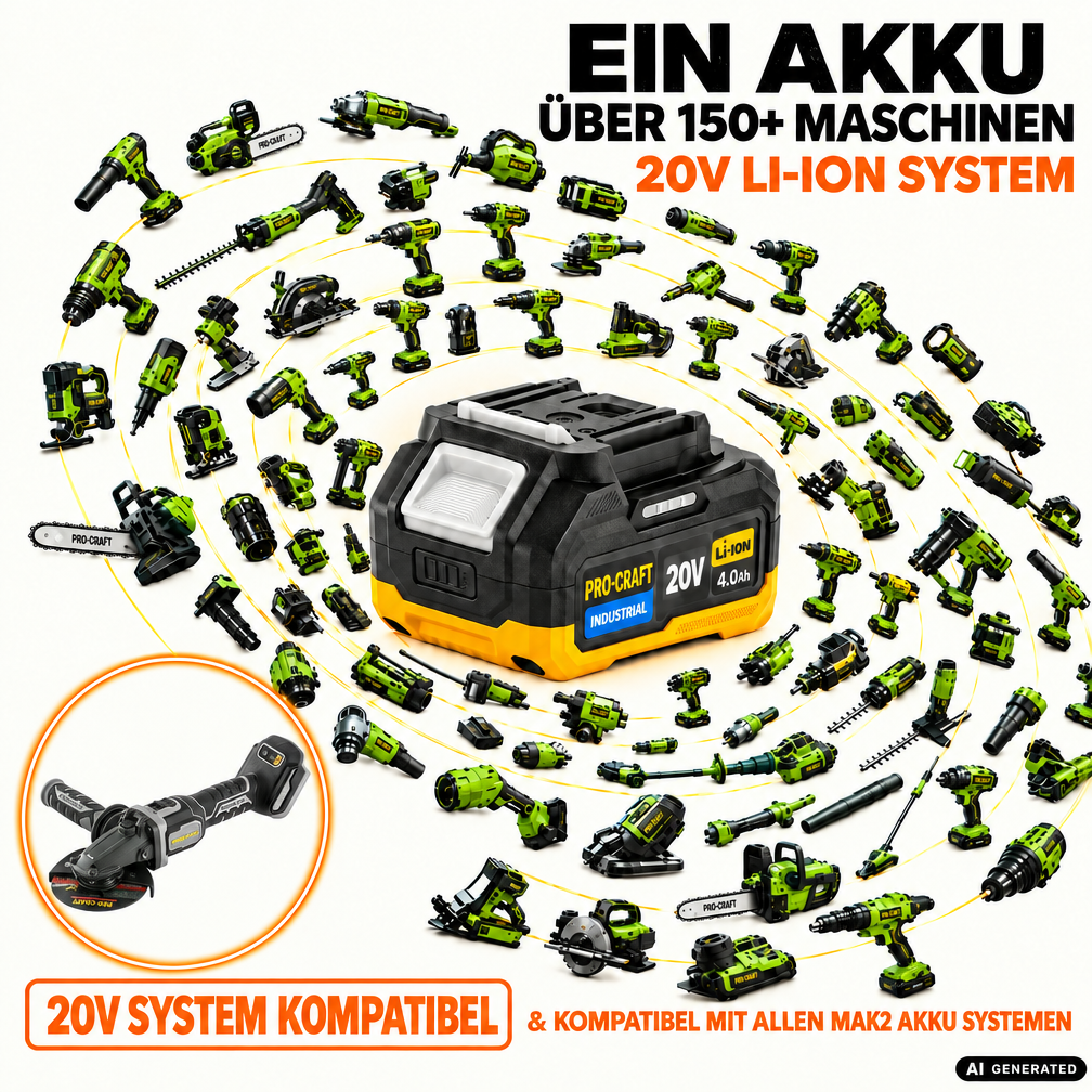 Procraft Industrial AG125Cbb Akku Flachkopf Winkelschleifer 20 V 125 mm Brushless + 1x Akku 4,0 Ah - ohne Ladegerät