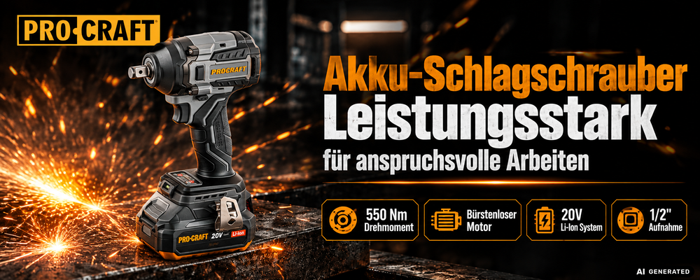 Procraft Industrial IW550Abb Akku Schlagschrauber 20 V 550 Nm 1/2" + 1x Akku 2,0 Ah + Ladegerät