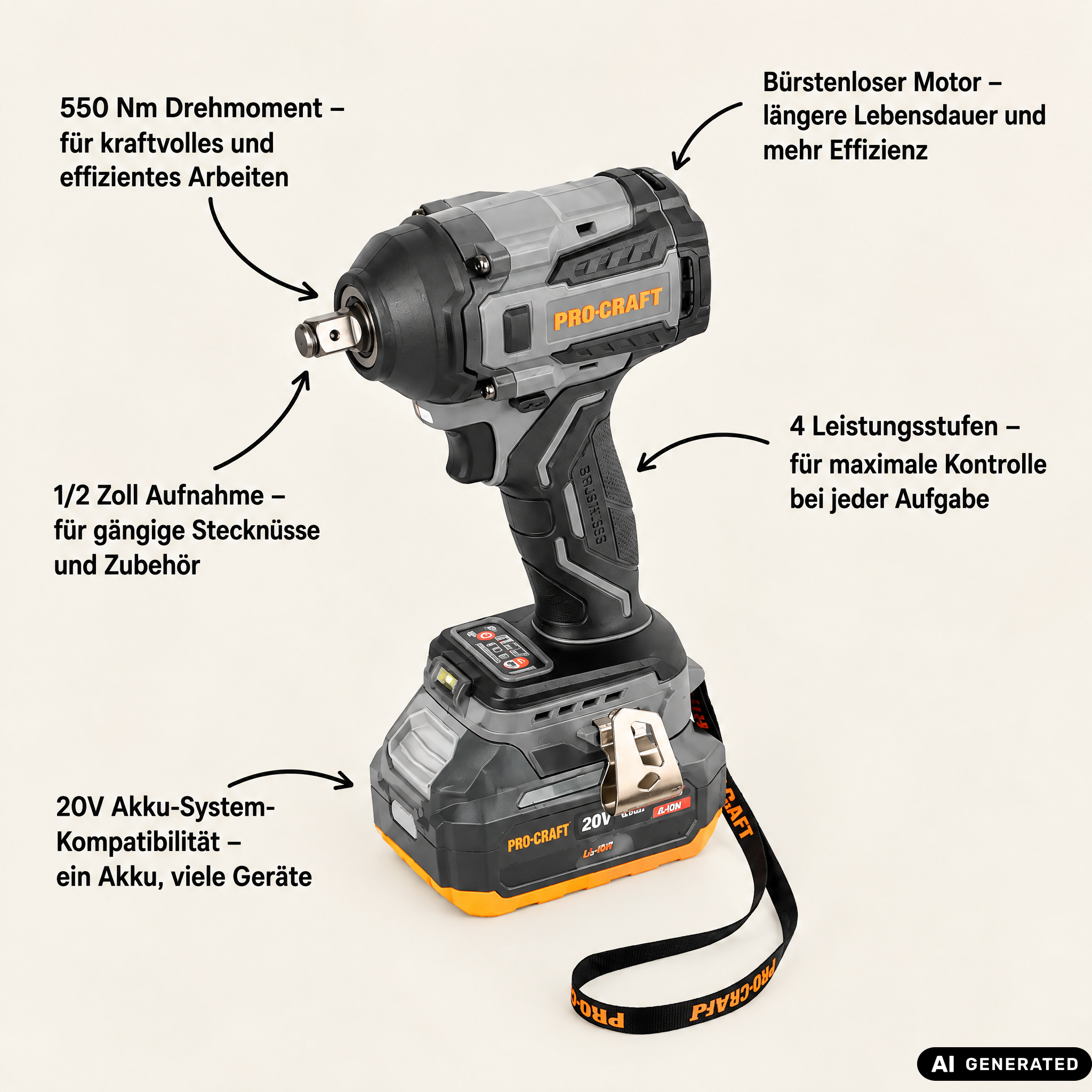 Procraft Industrial IW550Abb Akku Schlagschrauber 20 V 550 Nm 1/2" + 2x Akku 4,0 Ah + Ladegerät