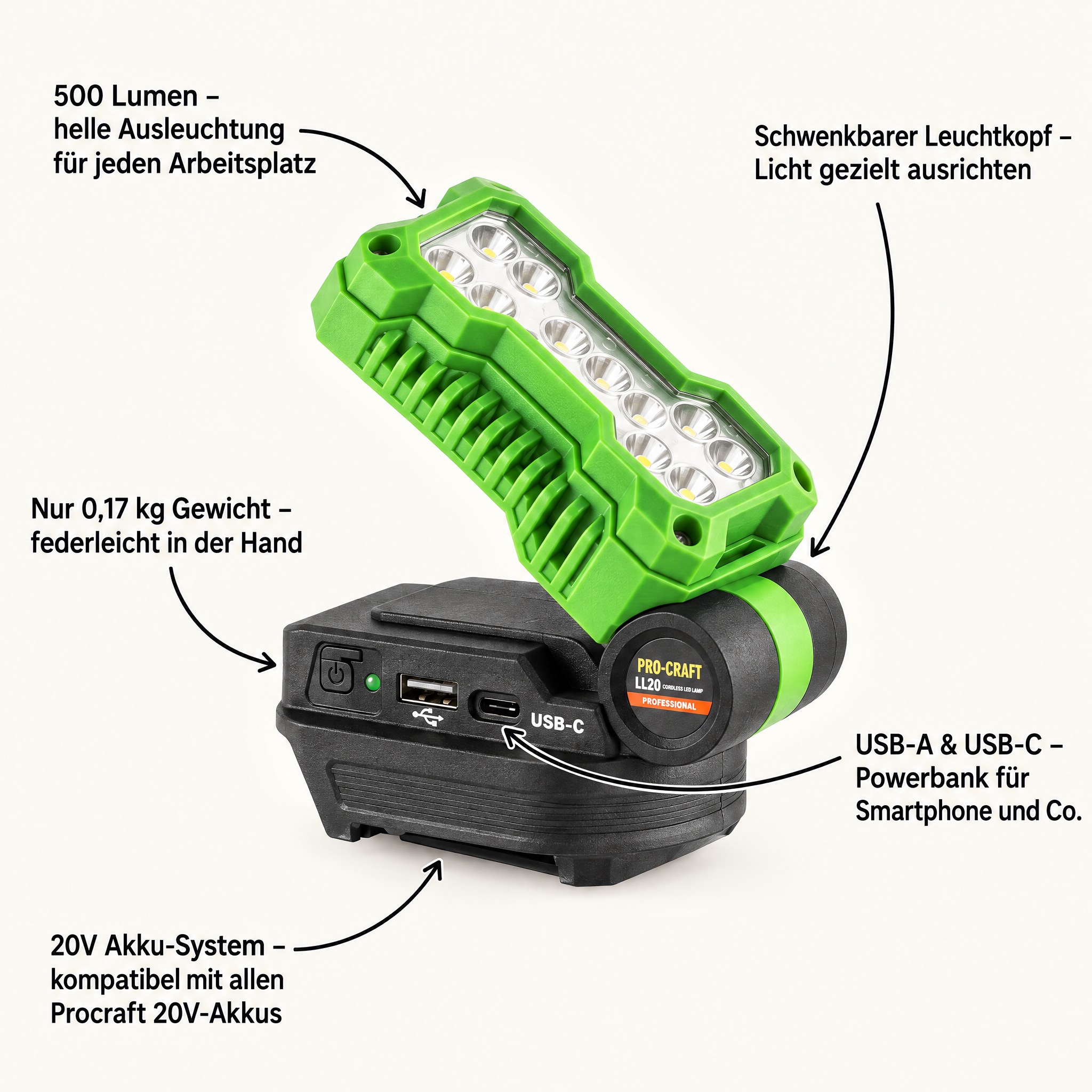 Procraft LL20bb Akku LED Strahler 20 V 500 lm Solo - ohne Akku, ohne Ladegerät