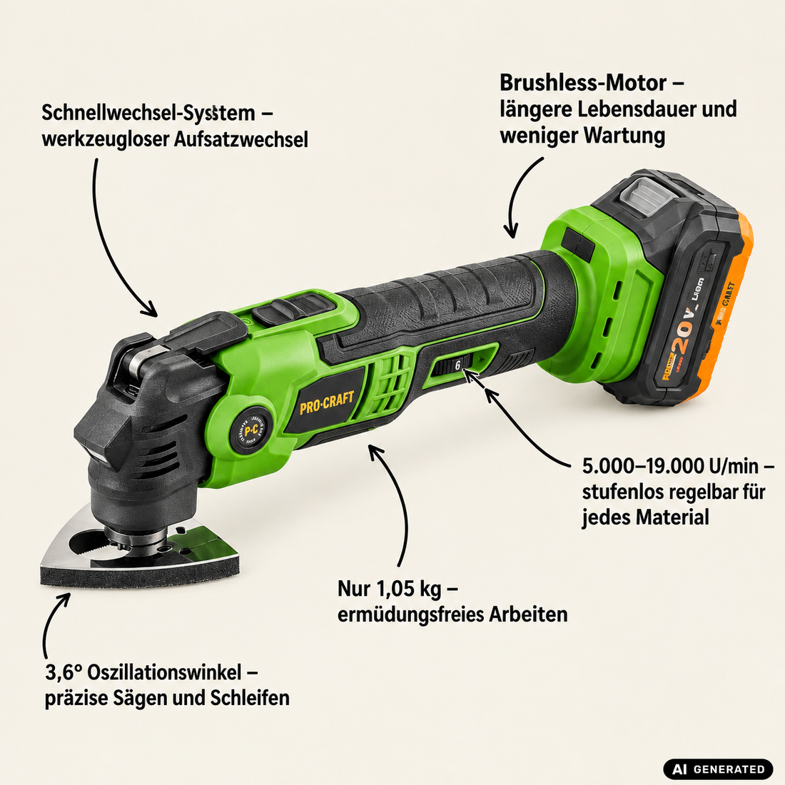 Procraft PMT22bb Akku Multifunktionswerkzeug 20 V Brushless + 2x Akku 2,0 Ah + Ladegerät