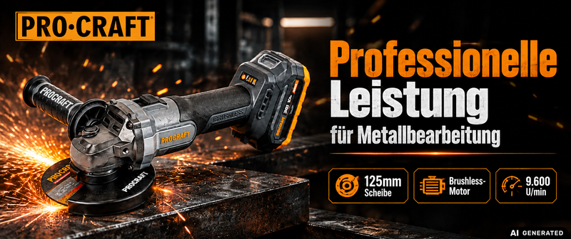 Procraft Industrial AG125Abb Akku Winkelschleifer 20 V 125 mm Brushless + 1x Akku 2,0 Ah - ohne Ladegerät