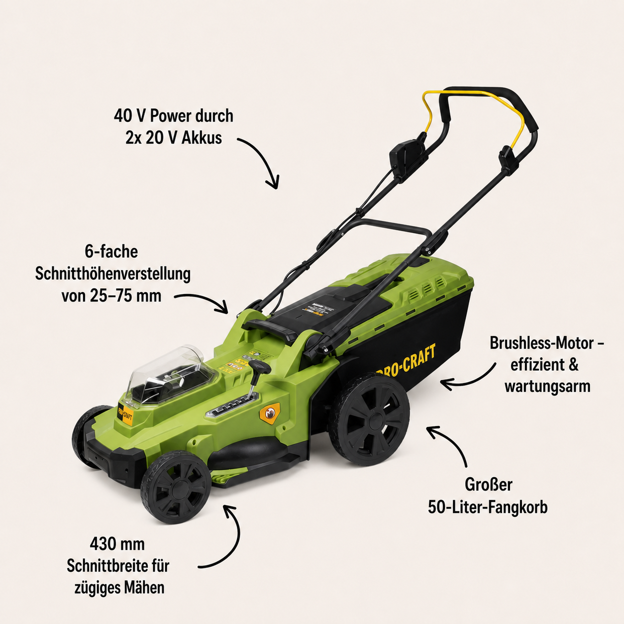 Procraft PLM22bb Akku Rasenmäher 40 V ( 2x 20 V ) 430 mm Brushless Solo - ohne Akku, ohne Ladegerät