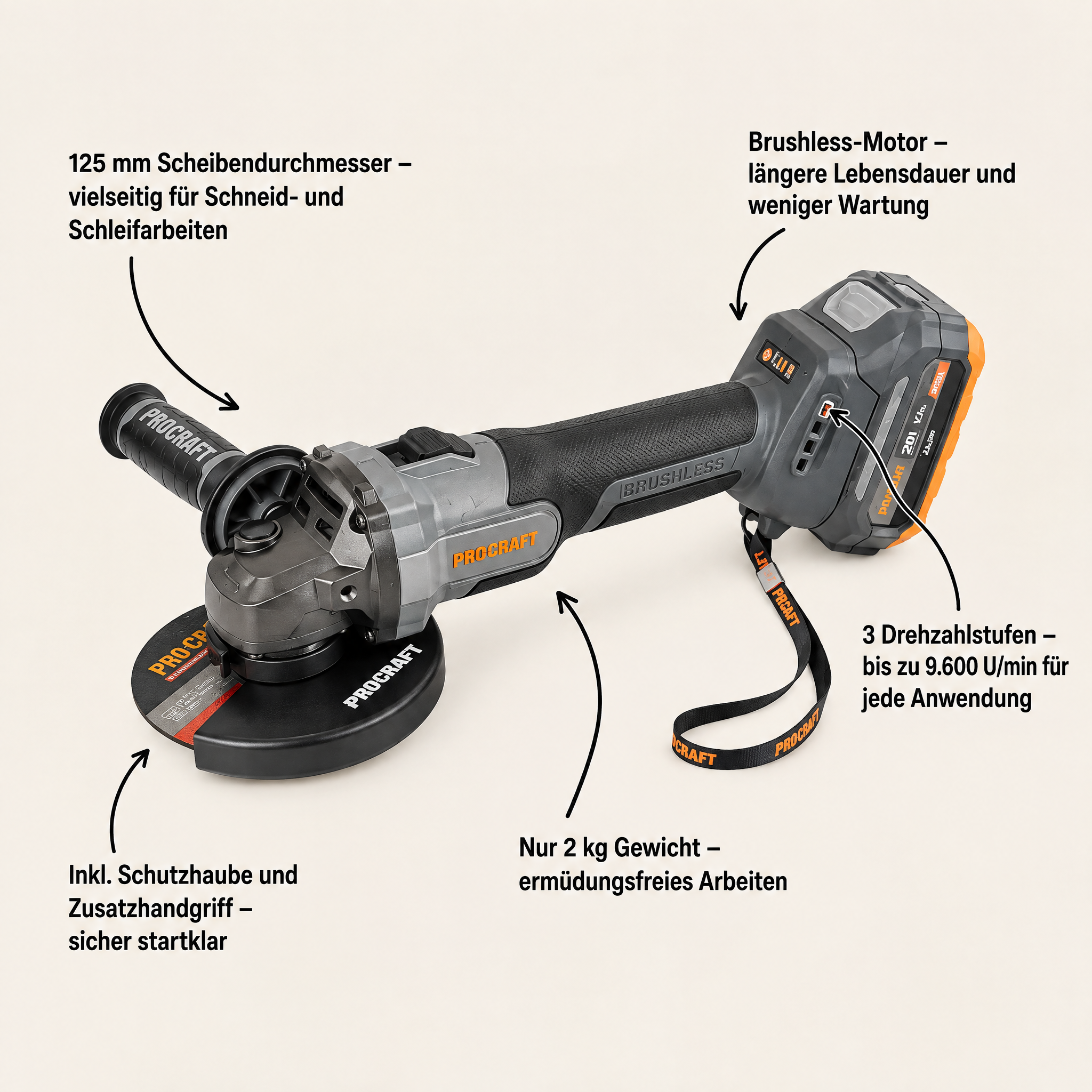 Procraft Industrial AG125Abb Akku Winkelschleifer 20 V 125 mm Brushless