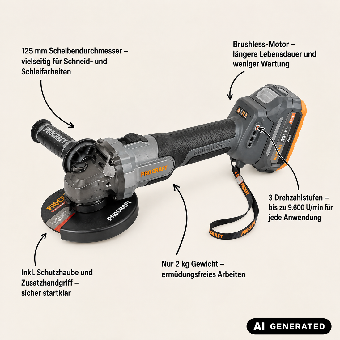 Procraft Industrial AG125Abb Akku Winkelschleifer 20 V 125 mm Brushless + 2x Akku 2,0 Ah + Ladegerät + RHINO Toolcase