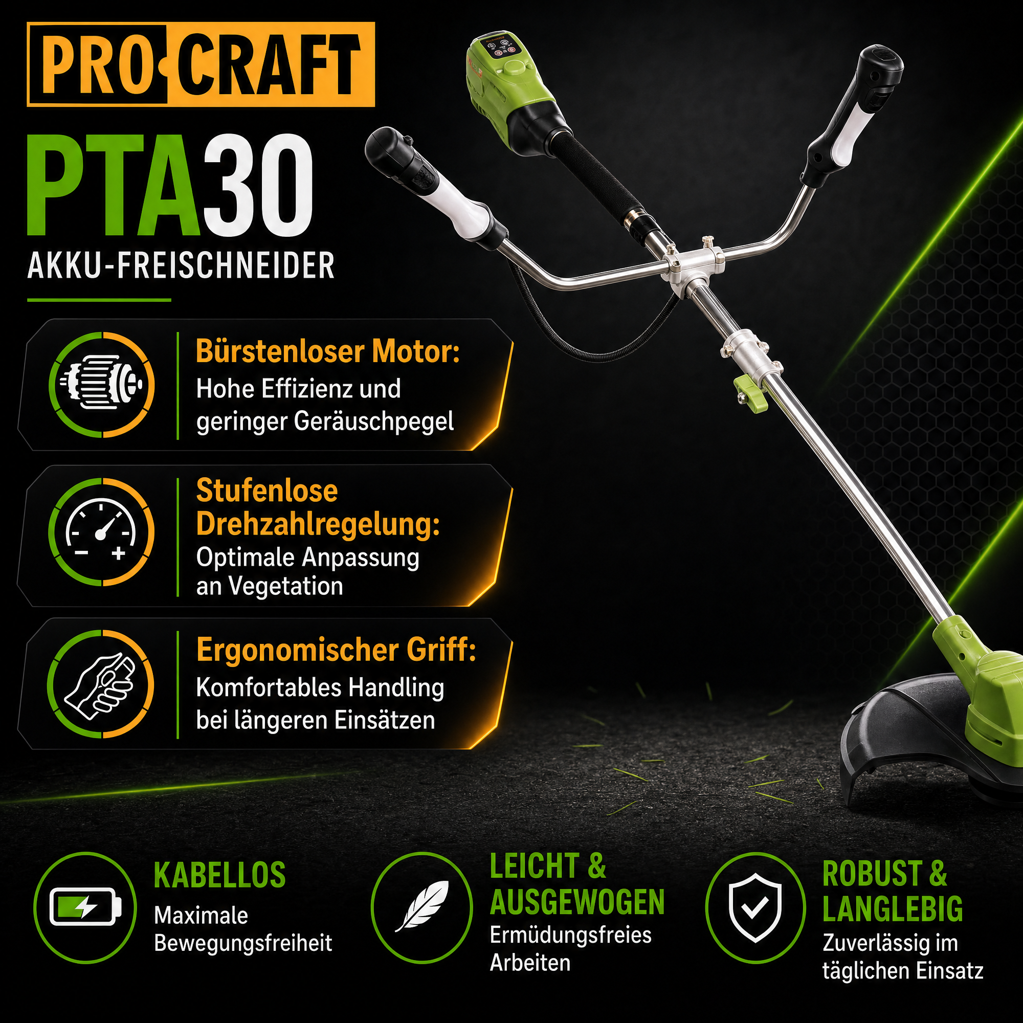 Procraft PTA30 Akku Freischneider 20 V 300 mm Brushless Solo - ohne Akku, ohne Ladegerät