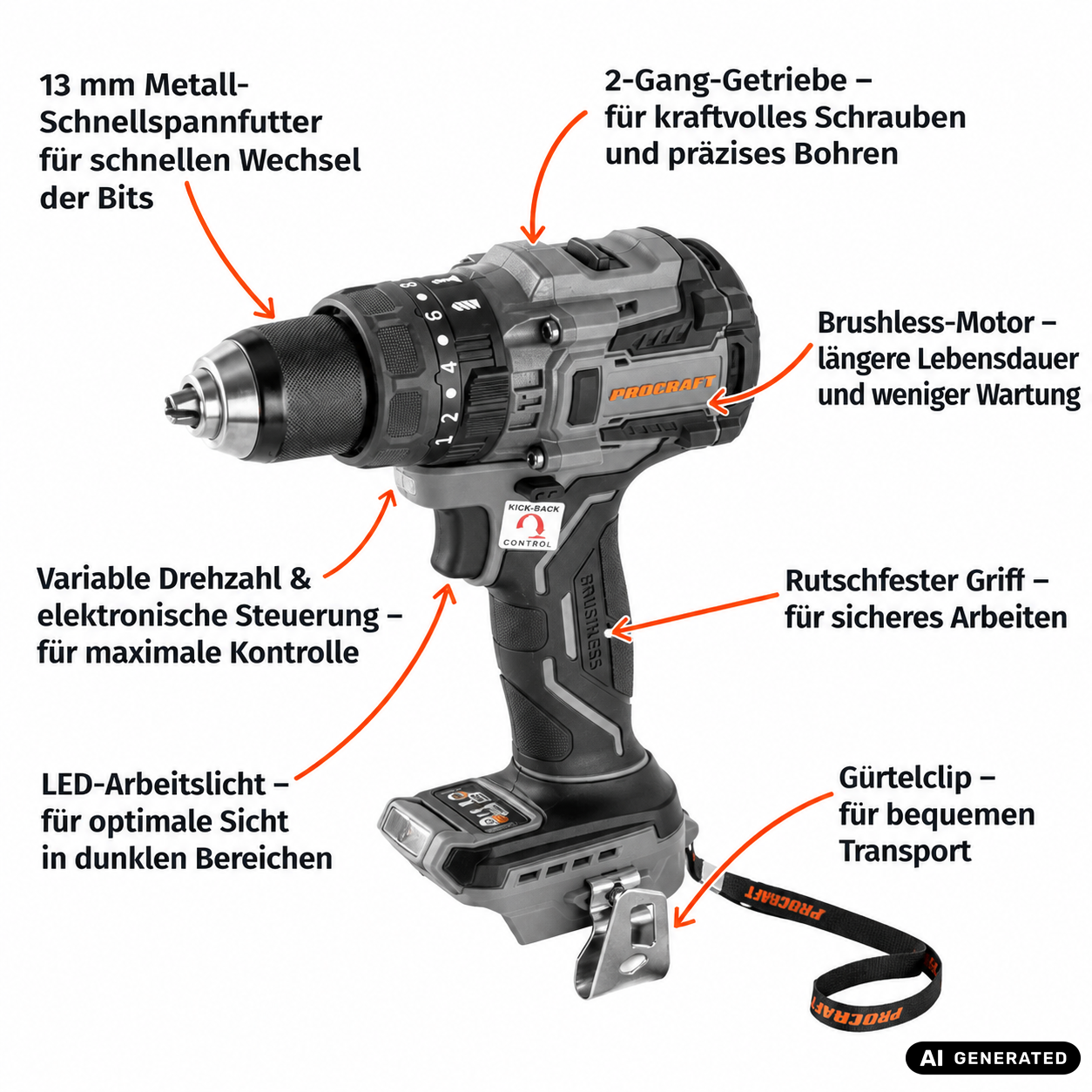 Procraft Industrial CD20B-BB Akku Schlagbohrschrauber 20 V 150 Nm Brushless + 1x Akku 2,0 Ah + Ladegerät + RHINO Toolcase