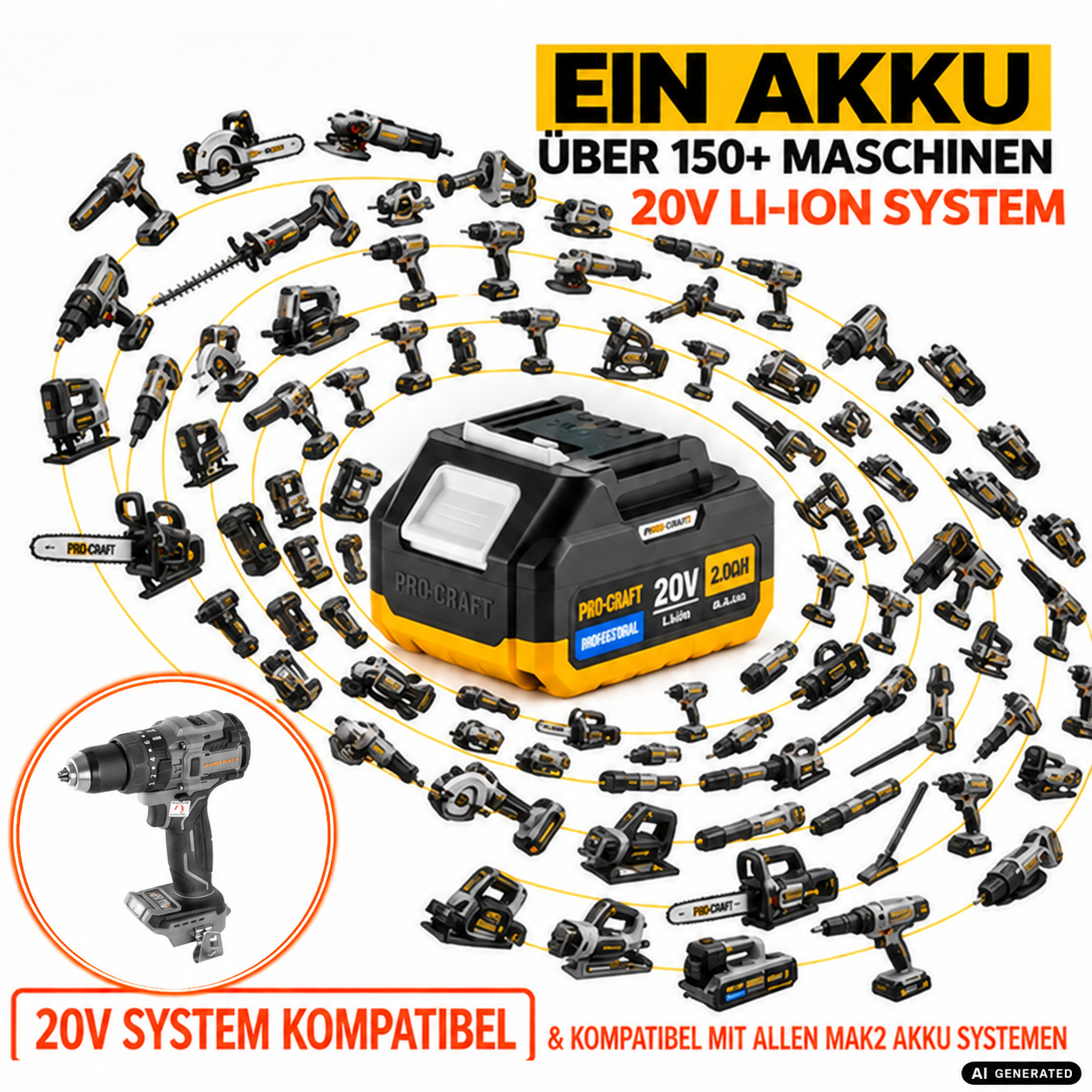 Procraft Industrial CD20B-BB Akku Schlagbohrschrauber 20 V 150 Nm Brushless + 1x Akku 2,0 Ah + Ladegerät + RHINO Toolcase
