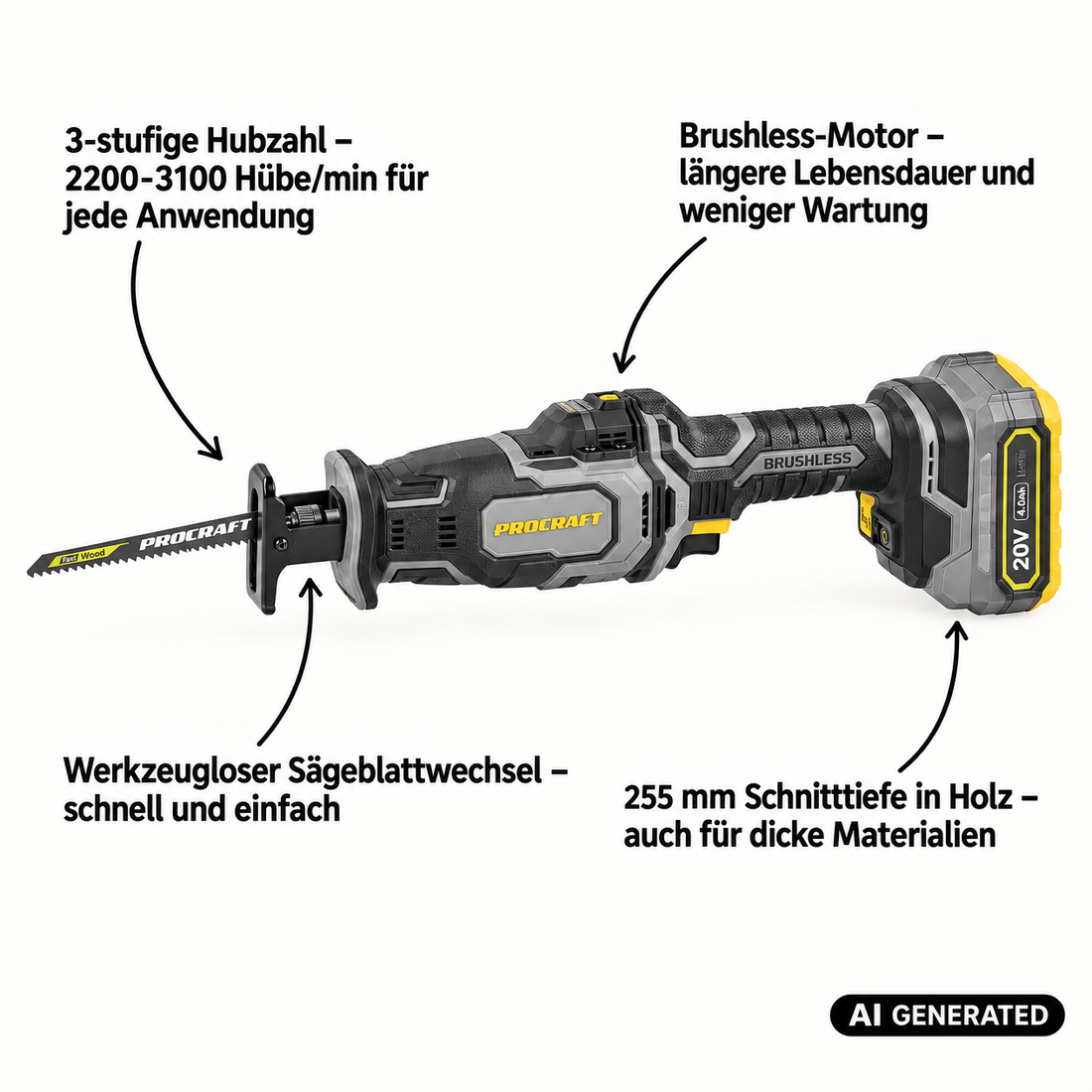 Procraft Industrial RS20Abb Recipro Säbelsäge 20 V Brushless Solo - ohne Akku, ohne Ladegerät