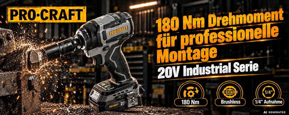 Procraft Industrial ID20Abb Akku Schlagschrauber 20 V 180 Nm 1/4" + 1x Akku 4,0 Ah + Ladegerät + RHINO Toolcase