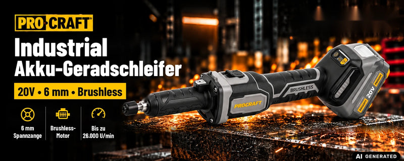 Procraft Industrial DG20A-BB Akku Geradschleifer 20 V 6 mm Brushless + 1x Akku 4,0 Ah - ohne Ladegerät