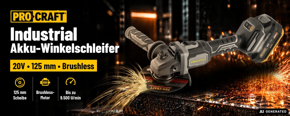 Procraft Industrial AG125Bbb Akku Winkelschleifer 20 V 125 mm Brushless + 1x Akku 4,0 Ah + Ladegerät + RHINO Toolcase