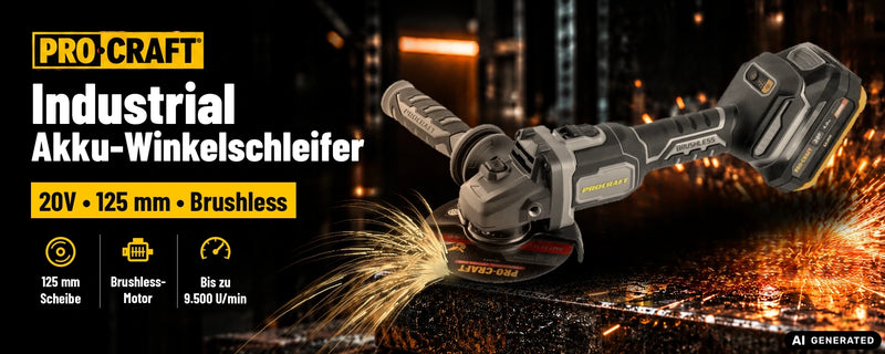 Procraft Industrial AG125Bbb Akku Winkelschleifer 20 V 125 mm Brushless + 1x Akku 2,0 Ah + Ladegerät + RHINO Toolcase