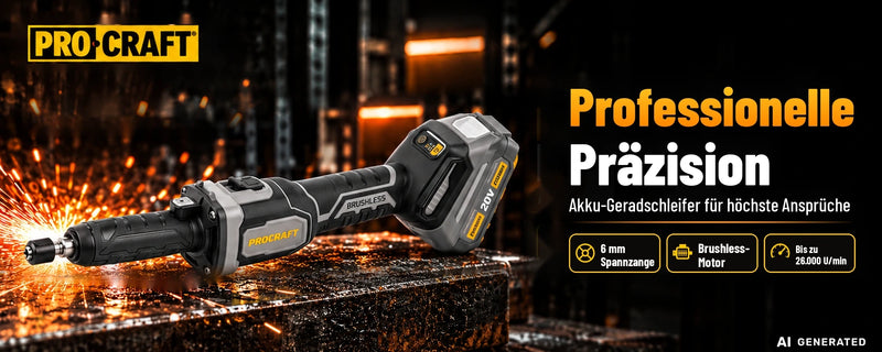 Procraft Industrial DG20A-BB Akku Geradschleifer 20 V 6 mm Brushless + 1x Akku 4,0 Ah - ohne Ladegerät