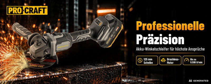 Procraft Industrial AG125Bbb Akku Winkelschleifer 20 V 125 mm Brushless + 1x Akku 2,0 Ah + Ladegerät + RHINO Toolcase
