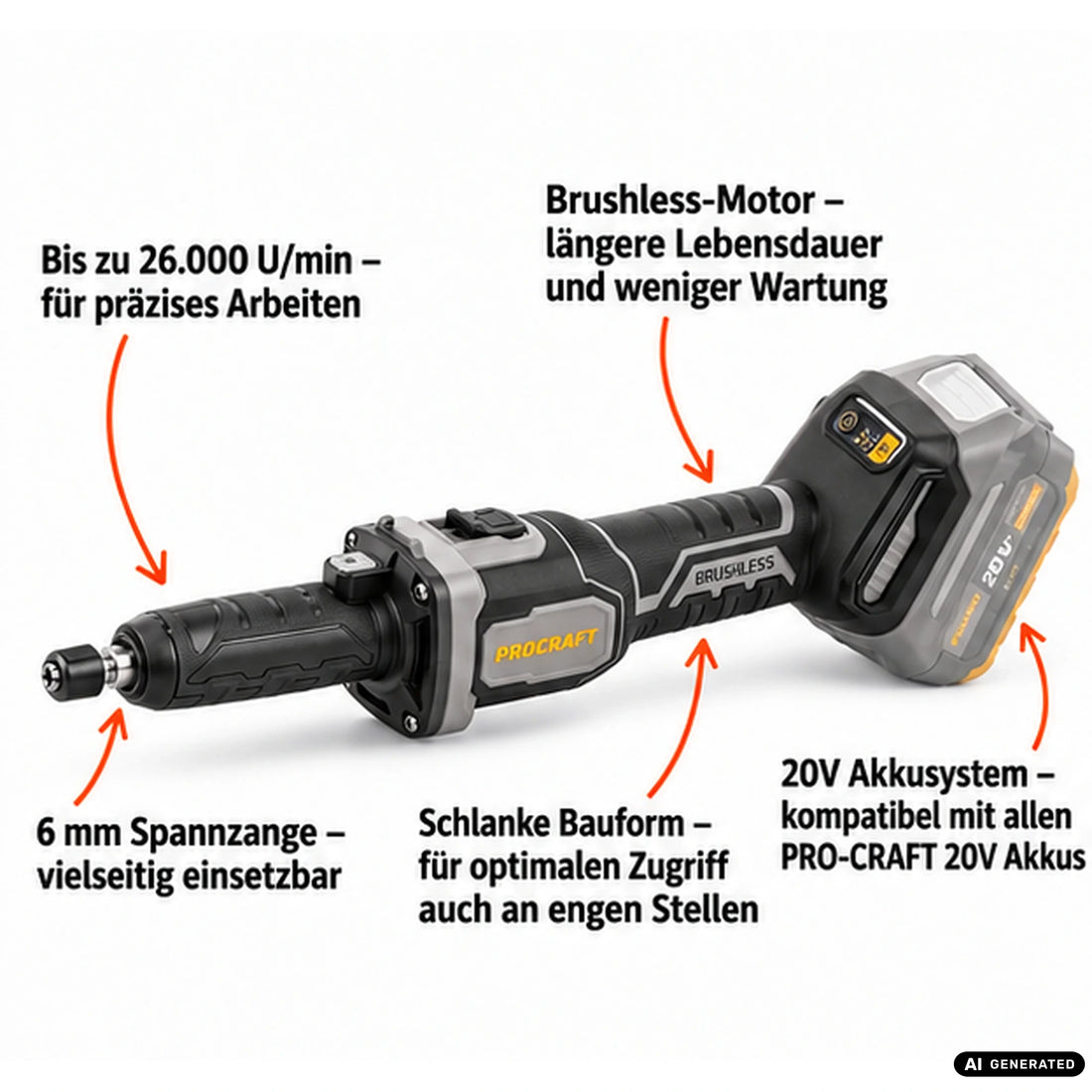 Procraft Industrial DG20A-BB Akku Geradschleifer 20 V 6 mm Brushless + 1x Akku 4,0 Ah + Ladegerät