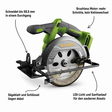 Procraft PCA32-BB Akku Handkreissäge 20 V 165 mm Brushless + 1x Akku 4,0 Ah + Ladegerät