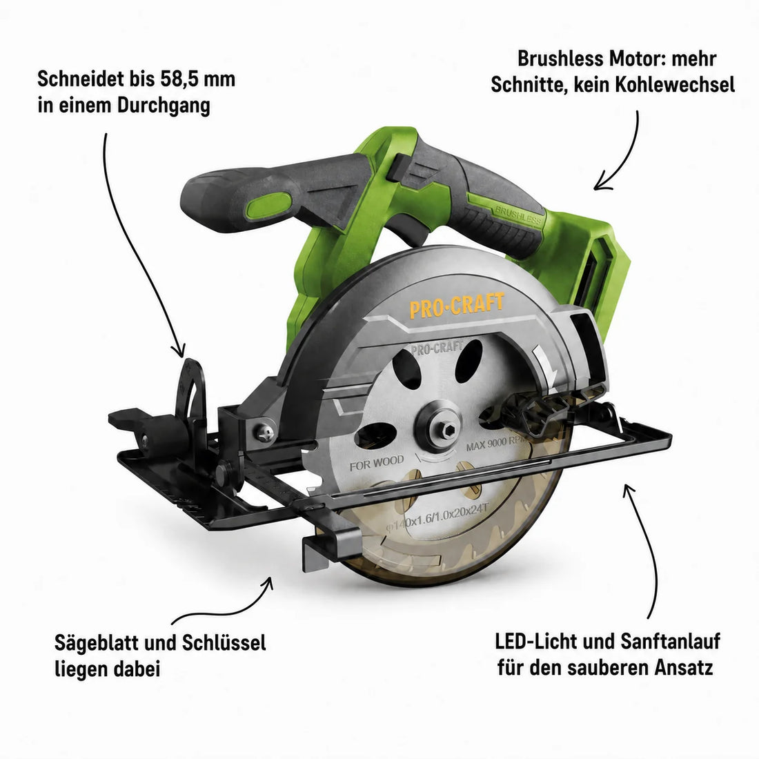 Procraft PCA32-BB Akku Handkreissäge 20 V 165 mm Brushless + 1x Akku 2,0 Ah - ohne Ladegerät